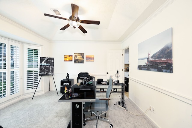 4524 Hedingham Ln, Columbus, GA 31907 - office featuring carpet, ceiling fan, healthy amount of natural light, crown molding, and a tray ceiling