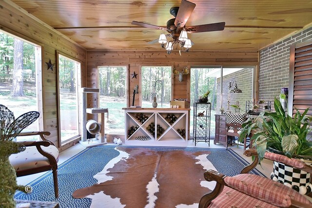 sunroom / solarium featuring ceiling fan and wood ceiling