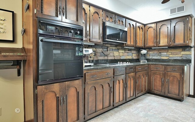 kitchen with dark brown cabinetry, ceiling fan, gas stovetop, backsplash, and oven