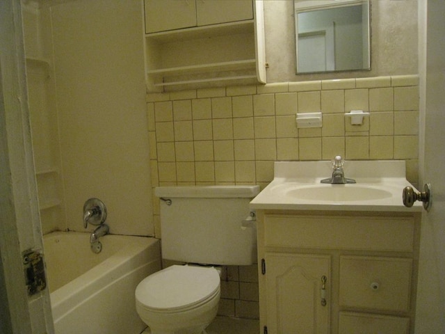 full bathroom featuring vanity, shower / bathtub combination, tile walls, and toilet