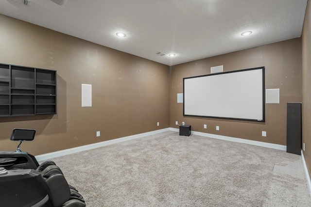 home theater room featuring carpet floors, recessed lighting, and baseboards