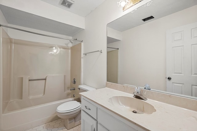 full bath featuring shower / tub combination, vanity, toilet, tile patterned floors, and visible vents