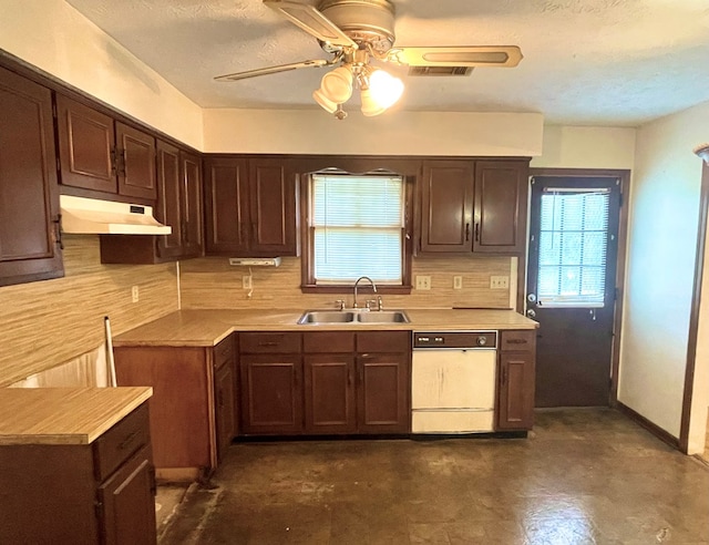 4200 Curry St, Columbus, GA 31907 - kitchen with white dishwasher, under cabinet range hood, light countertops, a ceiling fan, and decorative backsplash