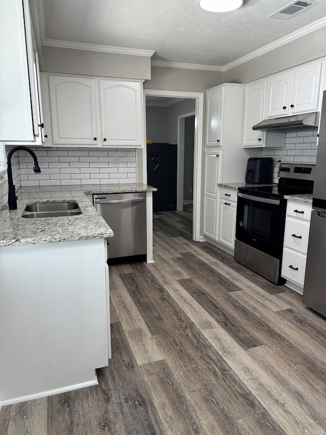 4901 Willowbrook Dr, Columbus, GA 31909 - kitchen with appliances with stainless steel finishes, under cabinet range hood, light stone countertops, dark wood-style flooring, and backsplash