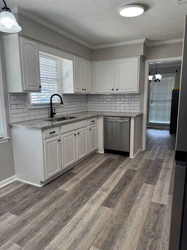 4901 Willowbrook Dr, Columbus, GA 31909 - kitchen featuring dishwasher, white cabinetry, a textured ceiling, tasteful backsplash, and dark wood-style floors