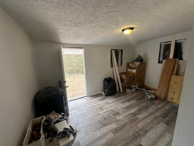 interior space featuring a textured ceiling and wood finished floors