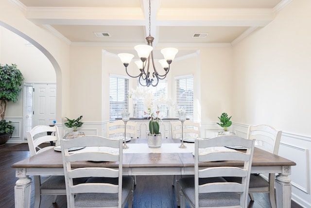 dining space with a notable chandelier, beam ceiling, dark hardwood / wood-style flooring, and coffered ceiling