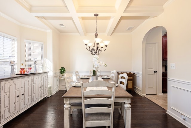 dining space with beam ceiling, a wealth of natural light, dark hardwood / wood-style flooring, and coffered ceiling