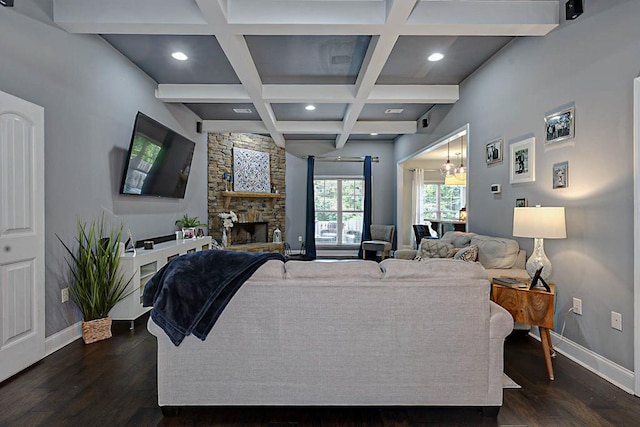 1537 Magnolia Way, Columbus, GA 31904 - living room with recessed lighting, dark wood finished floors, beam ceiling, coffered ceiling, and a fireplace