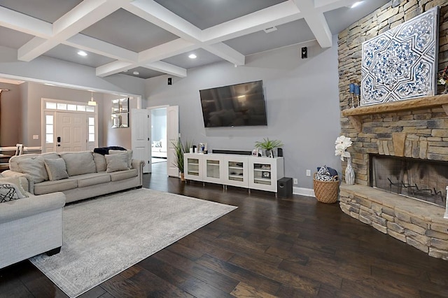 1537 Magnolia Way, Columbus, GA 31904 - living area featuring coffered ceiling, beamed ceiling, wood finished floors, a fireplace, and recessed lighting