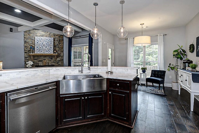 1537 Magnolia Way, Columbus, GA 31904 - kitchen with dishwasher, dark wood finished floors, light stone counters, dark brown cabinetry, and beamed ceiling