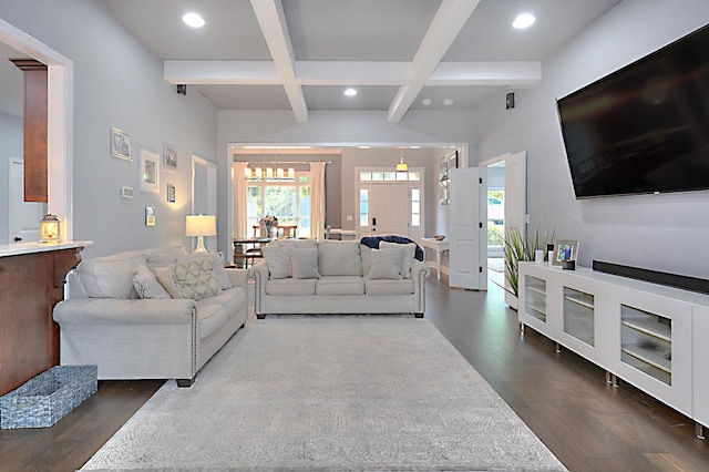 1537 Magnolia Way, Columbus, GA 31904 - living area featuring dark wood-style floors, beam ceiling, coffered ceiling, recessed lighting, and a chandelier
