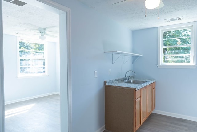 clothes washing area featuring a textured ceiling, ceiling fan, wood-type flooring, and sink