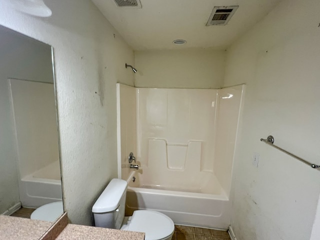 full bathroom with vanity, bathtub / shower combination, and toilet