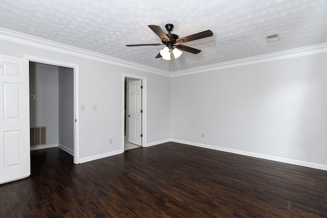 unfurnished room with visible vents, ornamental molding, a ceiling fan, and wood finished floors