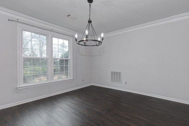 unfurnished dining area featuring baseboards, visible vents, an inviting chandelier, dark wood-type flooring, and crown molding