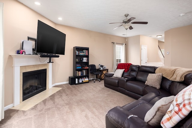 5758 Olivia Ln, Columbus, GA 31907 - living area featuring carpet floors, ceiling fan, a fireplace, recessed lighting, and baseboards