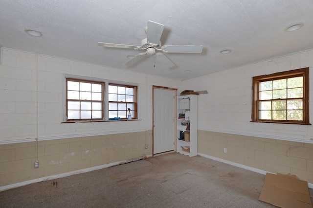 empty room featuring light carpet, a ceiling fan, and a textured ceiling