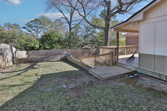 view of yard with a fenced backyard and a wooden deck