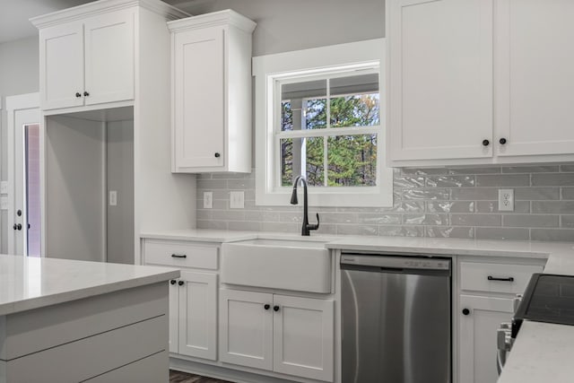 204 Lee Rd Unit 0334, Salem, AL 36874 - kitchen featuring decorative backsplash, white cabinets, a sink, stainless steel dishwasher, and electric range