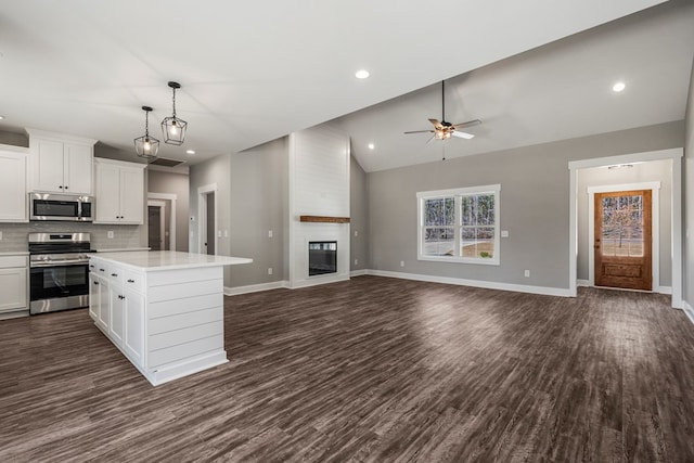 204 Lee Rd Unit 0334, Salem, AL 36874 - kitchen featuring light countertops, open floor plan, lofted ceiling, stainless steel appliances, and dark wood-type flooring