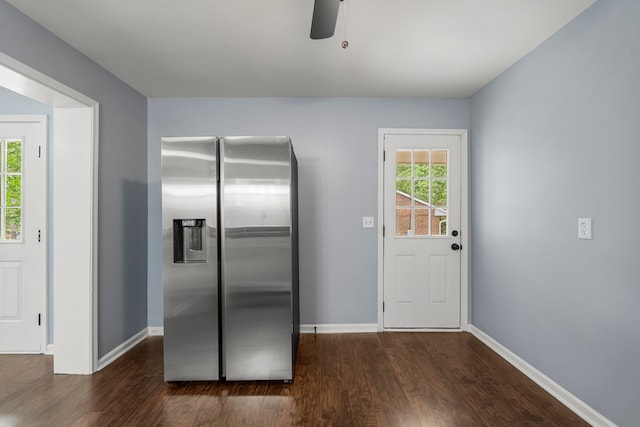 8344 Twin Chapel Dr, Columbus, GA 31904 - kitchen with stainless steel fridge, wood finished floors, a ceiling fan, and baseboards