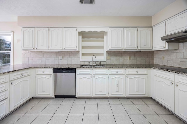 kitchen with black electric stovetop, stainless steel dishwasher, sink, dark stone countertops, and white cabinets