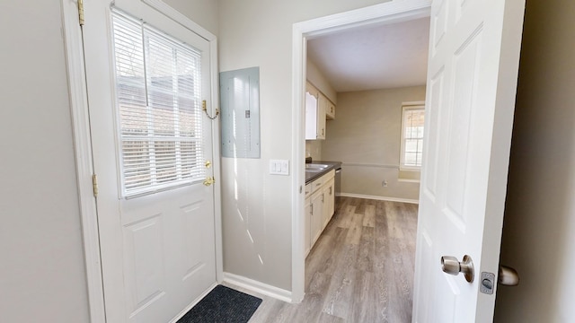 doorway featuring light hardwood / wood-style flooring and electric panel