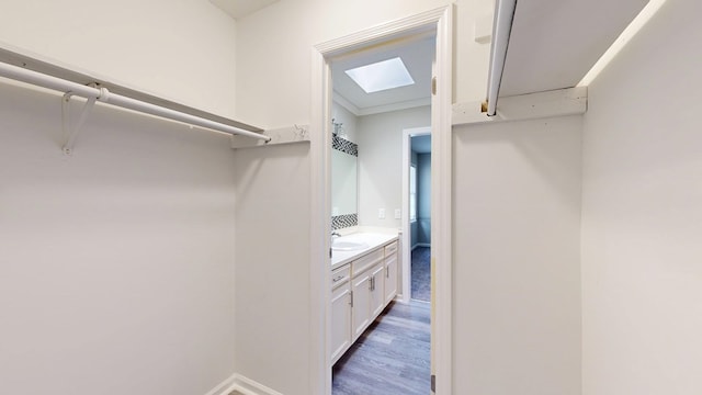 spacious closet featuring sink, hardwood / wood-style flooring, and a skylight