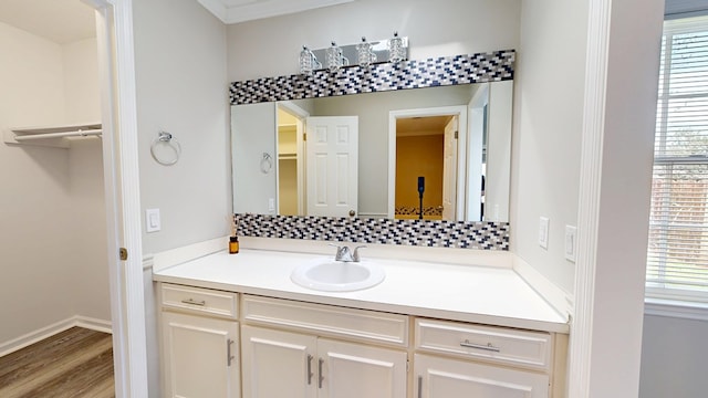 bathroom with vanity, backsplash, and hardwood / wood-style flooring