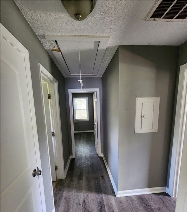 hallway featuring dark hardwood / wood-style flooring, electric panel, and a textured ceiling