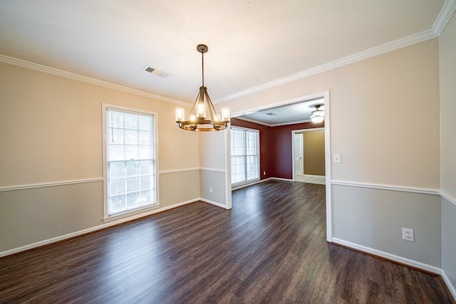 unfurnished room featuring baseboards, a notable chandelier, ornamental molding, and dark wood-style flooring