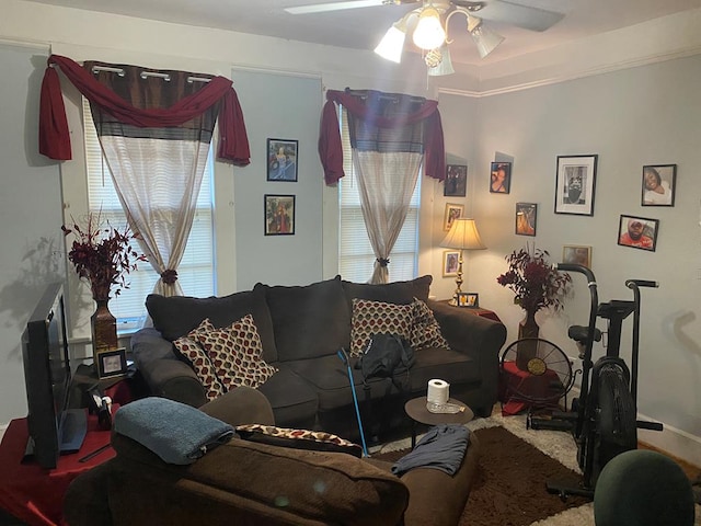 living room featuring carpet flooring, ceiling fan, and ornamental molding