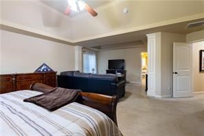 bedroom with ceiling fan and carpet