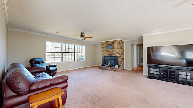 living area featuring crown molding, a ceiling fan, visible vents, and carpet floors