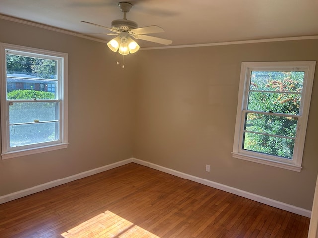 empty room featuring crown molding, light wood-style flooring, and a wealth of natural light