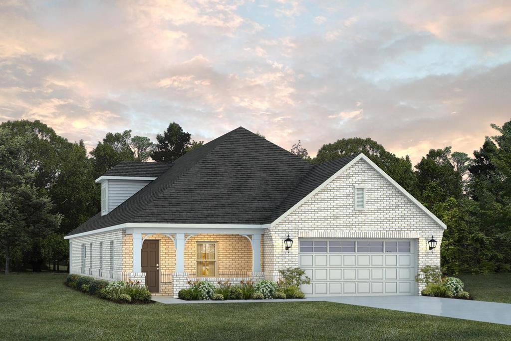 140 Cypress Trl, Fortson, GA 31808 - view of front of property with a front lawn, brick siding, an attached garage, concrete driveway, and a porch