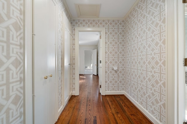 hall featuring crown molding and dark wood-type flooring