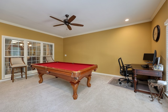 1000 Gramercy Dr, Midland, GA 31820 - recreation room featuring ceiling fan, billiards, ornamental molding, carpet floors, and baseboards