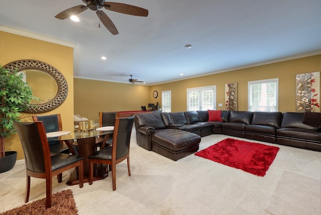 1000 Gramercy Dr, Midland, GA 31820 - carpeted living area featuring ceiling fan, ornamental molding, and recessed lighting