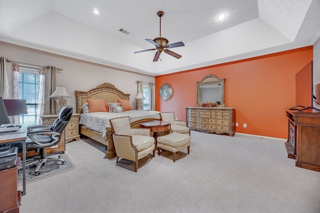 1000 Gramercy Dr, Midland, GA 31820 - carpeted bedroom featuring a tray ceiling, a ceiling fan, recessed lighting, an office area, and baseboards