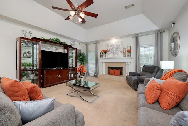 1000 Gramercy Dr, Midland, GA 31820 - living room featuring ceiling fan, light carpet, and a fireplace