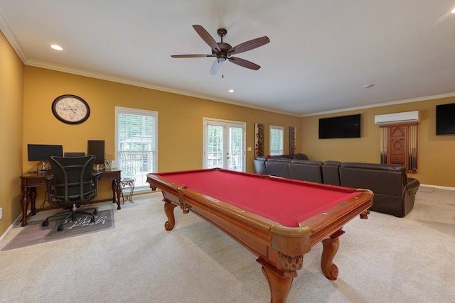1000 Gramercy Dr, Midland, GA 31820 - recreation room featuring a wall unit AC, carpet flooring, ornamental molding, billiards, and recessed lighting