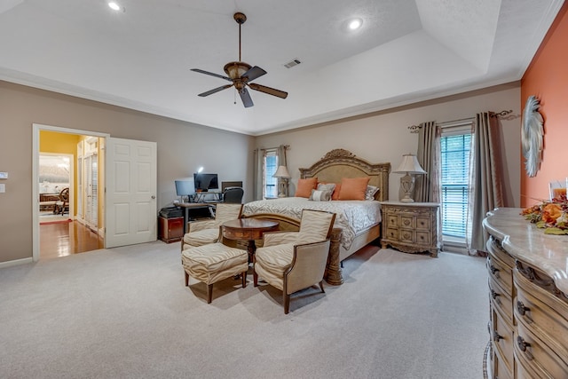 1000 Gramercy Dr, Midland, GA 31820 - bedroom with light carpet, a raised ceiling, a desk, a ceiling fan, and recessed lighting