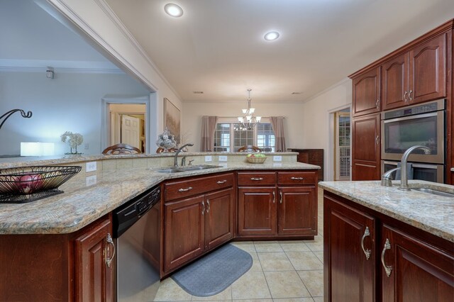 1000 Gramercy Dr, Midland, GA 31820 - kitchen with stainless steel appliances, a sink, a chandelier, light tile patterned floors, and ornamental molding