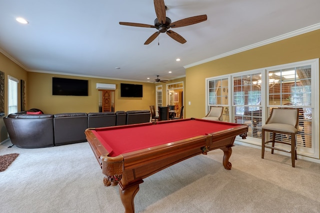 1000 Gramercy Dr, Midland, GA 31820 - recreation room with carpet floors, ceiling fan, ornamental molding, recessed lighting, and billiards