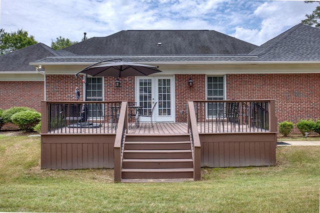 1000 Gramercy Dr, Midland, GA 31820 - back of property with brick siding, a deck, a yard, and a shingled roof