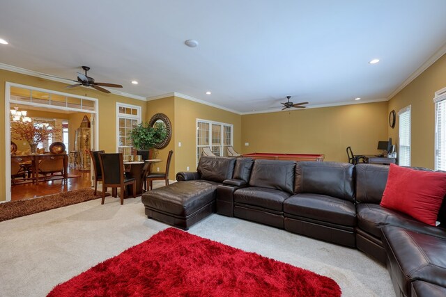 1000 Gramercy Dr, Midland, GA 31820 - living room featuring light carpet, a ceiling fan, recessed lighting, and ornamental molding