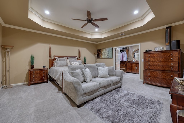 1000 Gramercy Dr, Midland, GA 31820 - bedroom with carpet flooring, a tray ceiling, crown molding, baseboards, and a ceiling fan