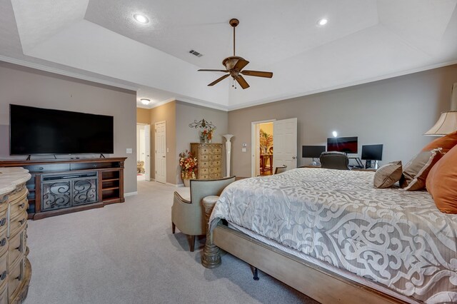 1000 Gramercy Dr, Midland, GA 31820 - bedroom with carpet floors, ornamental molding, a raised ceiling, recessed lighting, and a ceiling fan